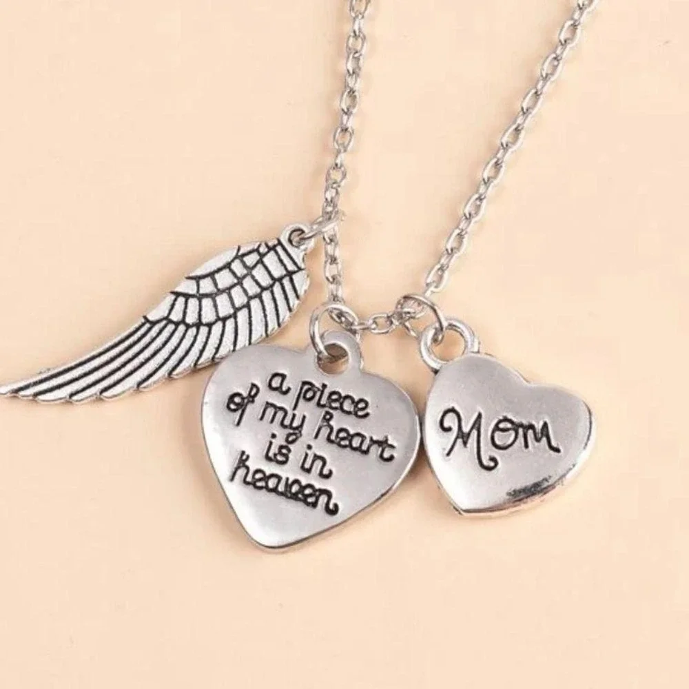 Mother Necklace Silver Mom Angel Wings Gift‎ Love Memorial Family Heart Jewelry
